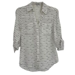 Express The Portofino Shirt Size XS Cream Semi Sheer Roll Tab LOVE Script